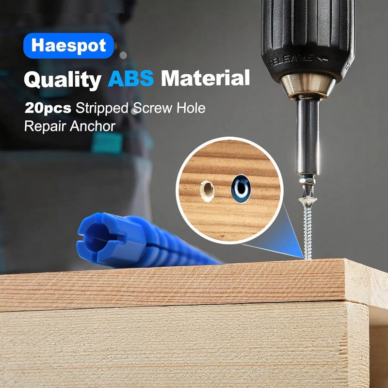 Haespot Blue 12PCS Stripped Screw Hole Repair Anchor, Door Hinge Screw Hole Filler, Multi Use Wall Anchors, Fits Wood Screws Sizes #2 to #16 - Image 4